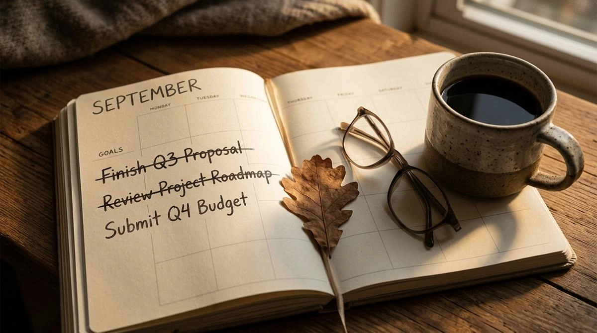 120 Days Left in 2026 Open paper planner with three handwritten goals beside a coffee mug in warm autumn light.