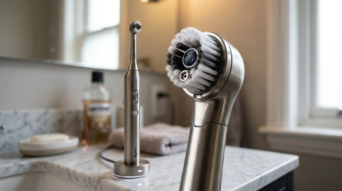 AI Toothbrush With Built-In Camera That Flosses The $499 Dyson CameraJet smart electric toothbrush with integrated camera lens and liquid flossing jet nozzle.
