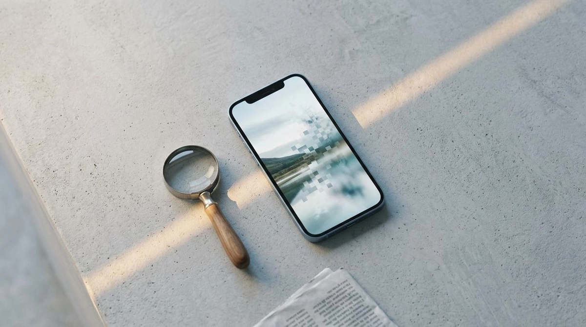 A smartphone on a grey surface showing a photograph that dissolves into digital artifacts on one side.