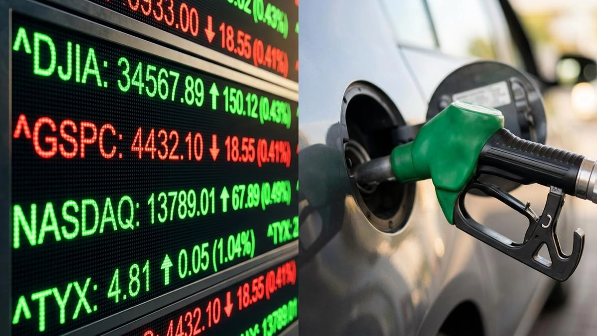 Surging Gas Prices & Market Shift Stock market index graph and gasoline fuel pump symbolizing global financial shift and energy price spikes.